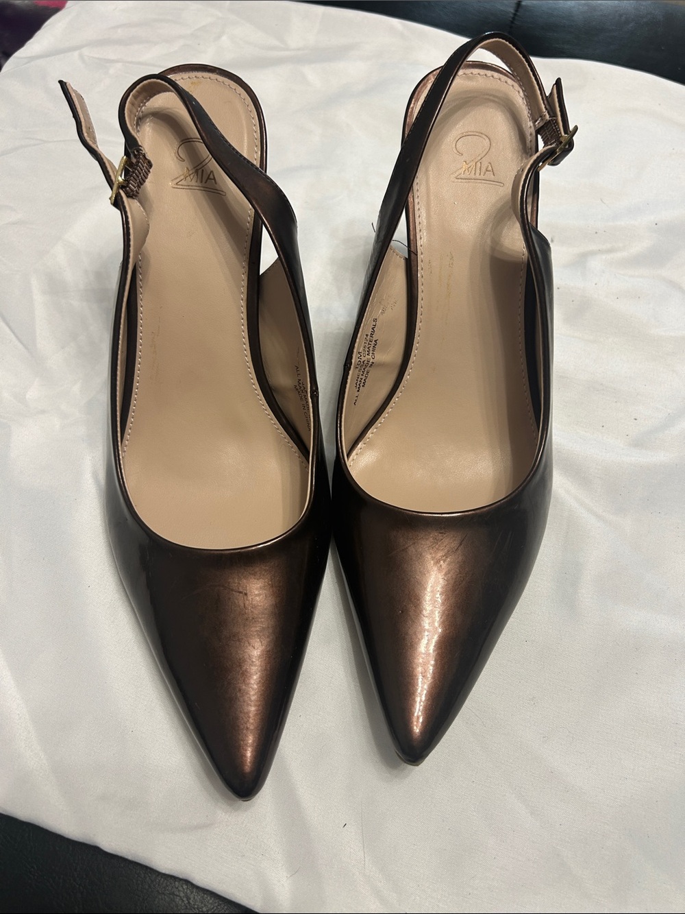 MIA Bronze Metallic Pointed-Toe Slingback Pumps